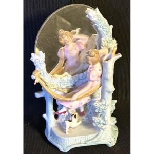 Small Elegant Biscuit Table Mirror Late 19th Century With  Little Psyche Dog /5