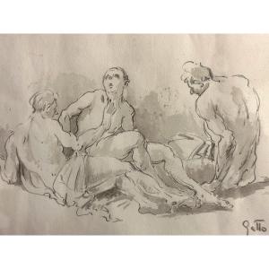 Saverio Gatto 1877-1959 3 Naked Men Conversing Watercolor Drawing /2