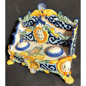 Quimper Earthenware Inkwell Late 19th Century Breton Couple Writing Case Office Servant Hermines Brittany
