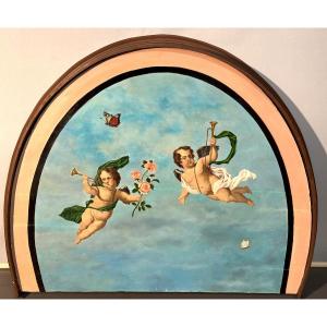19th Century Canopy  Painted Angels Butterflies And Roses Cherub