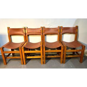 4 Maison Regain Chairs In Leather And Solid Elm Good Condition Chapo Style