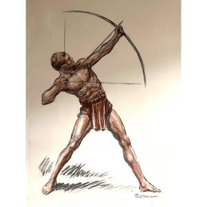 Paul Ordner 1901-1969 Standing Archer Original Color Lithograph Man Sportsman Archery Art Deco