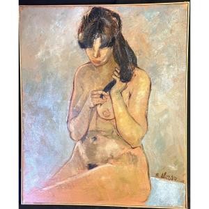 Raphaël Alonso Fernandez 1924-1994 Large Oil The Lock Of Hair Young Woman Nude Hairstyle /8