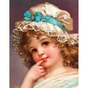 Little Girl With Blue Ribbon Large Chromolithograph 1900 Romantic Advertising Cornely Oyonnax Christmas