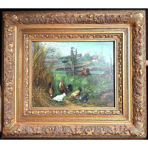 B. Harding Large Framed Oil On Wood Hens In The Garden 75x85cm