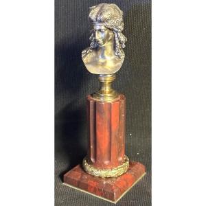 Bronze 19th Century Bust Of Ariane On Its Column Base In Royal Red Marble Hallmark Ec Or Fc