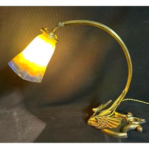 Art Nouveau Desk Lamp Base In Winged Bronze And Tulip Muller Frères Luneville Wing