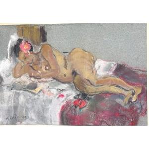 Henriette Deloras 1901-1941 Rare Large Pastel Nude Woman With Flower Reading Homage To Gauguin