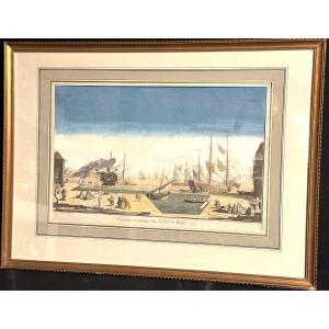 18th Century Engraved Optical View Port Of Brest Enhanced In Color