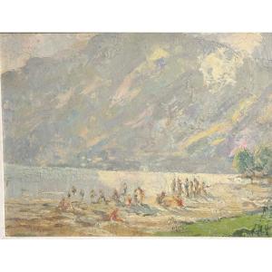 Paulette Genet 1892-1983 Oil Bathers Before Mountain Lake Alps Lyon /8