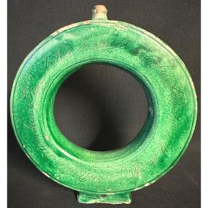 Rare Annular Gourd Dated 1865 In 19th Century Green Earthenware With Double-sided Text