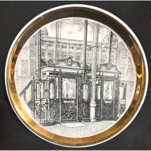 Piero Fornasetti 2913-1988 Gli Ascensori Porcelain Plate With Gold Rim Elevator