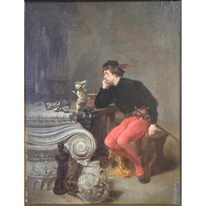 Ascanio Florentine Carver From The 16th Century Friend Of Cellini By Jean Fauvelet Oil On Mahogany 19th Romantic