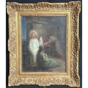 19th Century Oil Framed Jesus Chez Marthe Et Marie 
