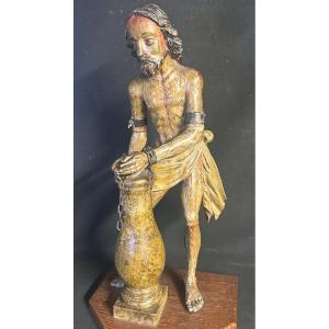 Christ At The 17th Century Column Or Flagellation Christ In Polychrome Carved Wood 44 Cm