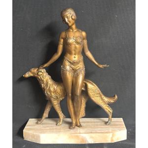 Art Deco Sculpture Attributed To Pierre Rigal Young Woman With Greyhound 1930