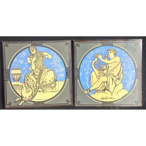 Minton Pair Of Earthenware Tiles Signed Moyr Smith 1839-1912 Mintons Stroke Upon Trent Music