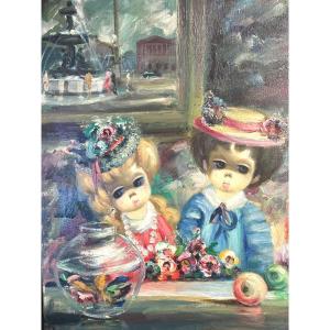 Bonanno 20th Large Oil Girls Fish And Flowers In Paris