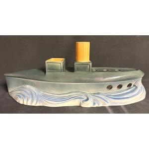 De Bruyn Fives Lille Rare Ceramic Barbotine Boat Centerpiece Signed Museum Collection 