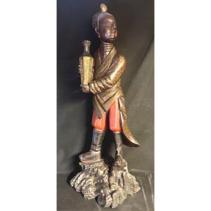 China Large 19th Century Sculpture 93cm In Lacquered Wood And Sulphide Eyes