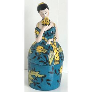 Art Deco Porcelain Candy Powder Box For Makeup Remover Cottons In Very Good Condition 