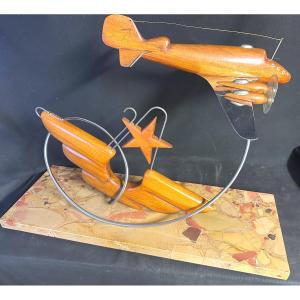Important Art Deco Airplane Sculpture In Chrome Metal And Mahogany On Marble Aviation Model
