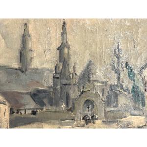 20th Century Oil Signed? Lively Village Square