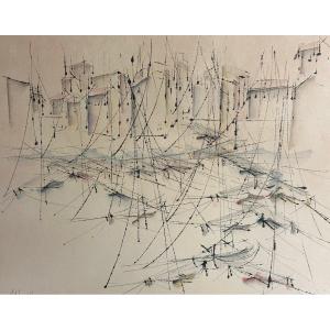 Jan Vakowskai 1932-2006 Large Watercolor Port Of Mediterranean Jean Vakowskay Venasque Museums