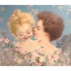 Philippe Latelier 19th Century Large Oil Two Loves 1897 Angel