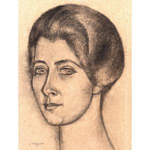 Léon Voguet 1879 - Charcoal Drawing Portrait Of A Woman Art Deco