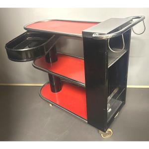 Rolling Trolley Table With 3 Trays + Folding Compartment In Chromed Metal And Red + Black Lacquer