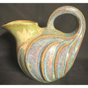 Denbac Pitcher In Art Nouveau Glazed Flamed Stoneware Signed Very Good Condition 