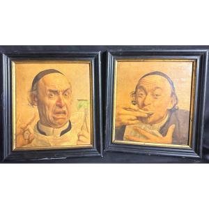 Meal At Restaurant Pair Of Chromolithograph Nineteenth Caricature X2 Grotesque Laugh