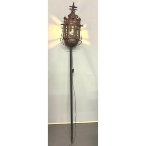 19th Century Venetian Lantern In Polychrome Sheet Metal Complete And Electrified For Procession 220cm