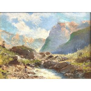 émile Godchaux 1860-1938 Oil Animated Landscape With Mountain Torrent Alps Signed