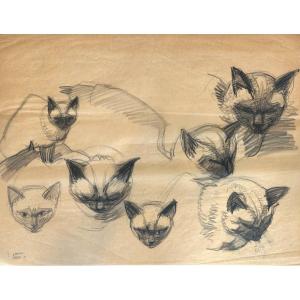 Hélène Vogt 1902-1994 Large Charcoal 7 Cat Heads Signed Art Deco Style Cat /1