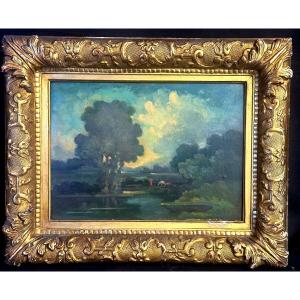A. Maille Saint Prix 19th-20th Century Oil Animated Landscape Framed Signed Dedicated