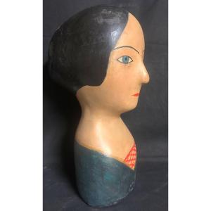 Rare Marotte 19th Century In Polychrome Paper Mache Head Of Milliner Hat Headdress