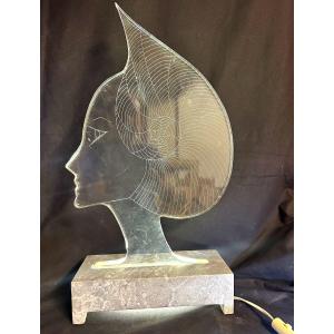 Large 1970 Lamp In Lucite And Marble 60cm Profile Of Young Woman Altuglas Thick Plexiglas