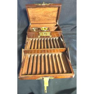 19th Century Cigars Cellar Folding Box With Ashtray Matchbox Scissors Mahogany Bronze