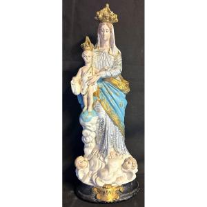 Statue Of The Virgin Our Lady Of Victories 45.5cm 19th Century Signed Polychrome Plaster Angel 