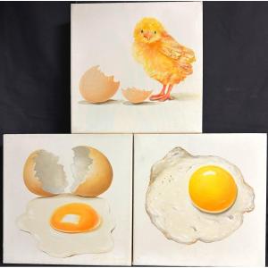 Gabriele Golinelli 1941 Suite Of 3 Signed Oils Egg Chicken Provenance Sirmionte Gallery