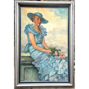 Luc De Decker 1907-1982 Belgian Large Oil Young Woman With Bouquet 145x100cm Art Deco