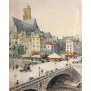Henri Nocq 1868-1944 Pastel And Watercolor Pont Louis Philippe Church St Gervais Protais Paris