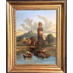 Jacques François Carabain 1834-1933 Attr Oil Oberwesel Rhine 