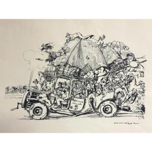 Henri Mege 1904-1984 Rare Engraving The Taxi 1st Class Vietnam Hang Nhat Indochina