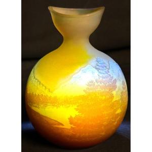 Emile Gallé Rare Vase With Vosges Landscape Decor Signed Lake Mountains Blue Line Of The Vosges