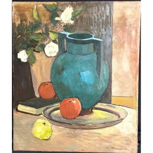 Amédée Boucher 1889-1960 Oil Composition From 1940 With Apples And Blue Art Deco Pot Referenced