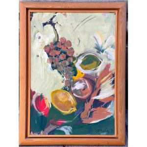 Grande gouache XXe signée ? Fruits : raisin et citrons