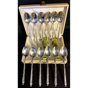 12 Russian Coffee Spoons In Box Silver Metal Hallmarks In Very Good Condition 